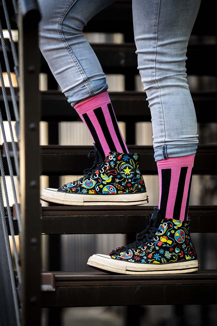 pink and black striped socks